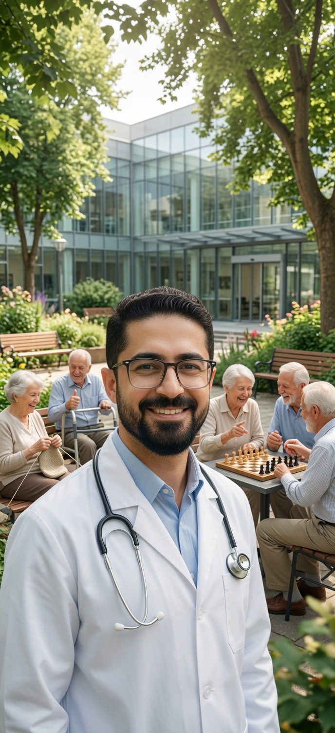 Soignante accompagnant une patiente âgée souriante en consultation